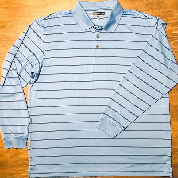 Pebble Beach Other - Pebble Beach Performance Mens Long Sleeve Polo Shirt Light Blue Stripe Size XXL